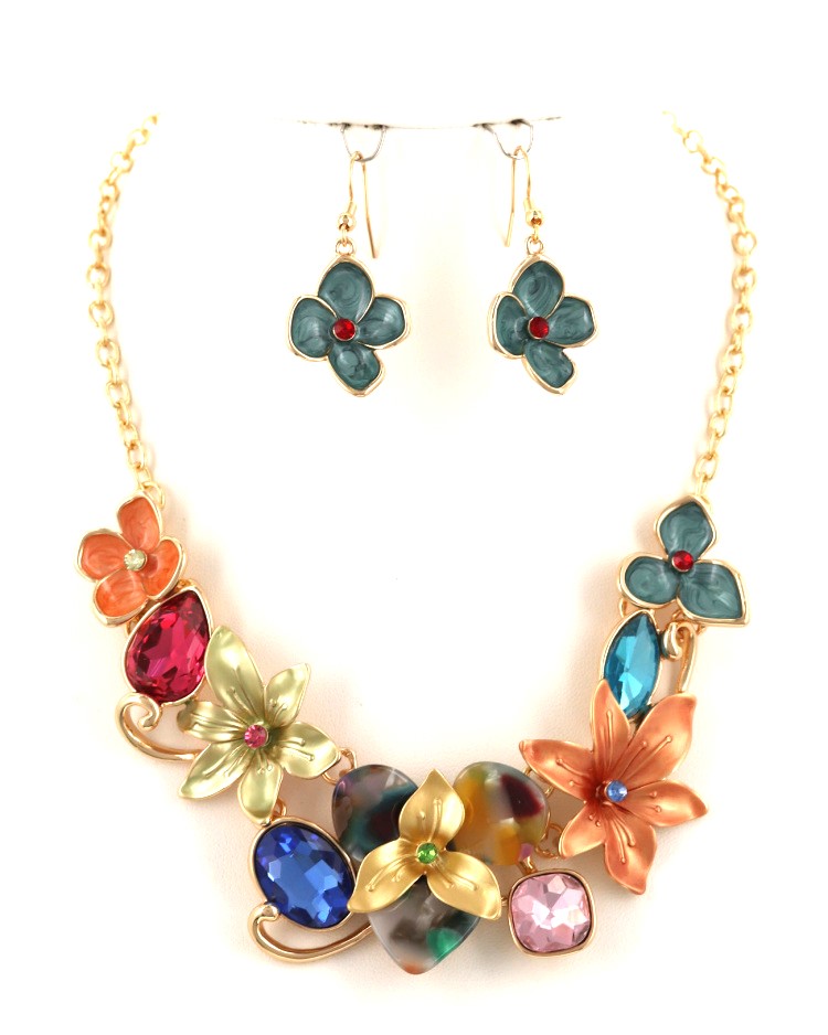 Enamel Flower Necklace & Earring Set