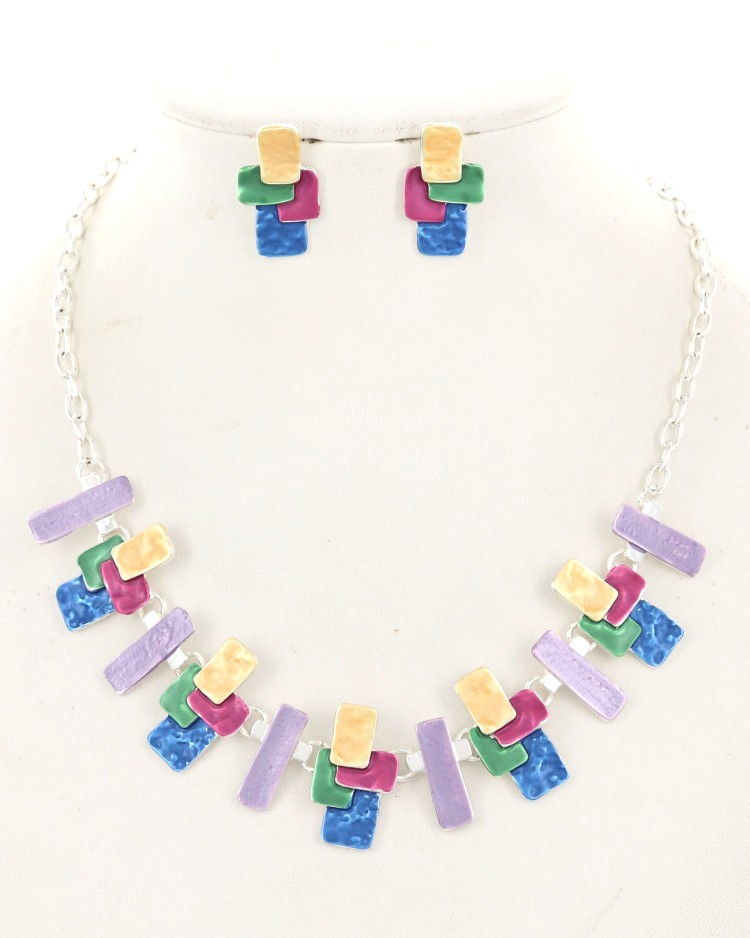 Enamel Hammered Metal Necklace & Earring Set