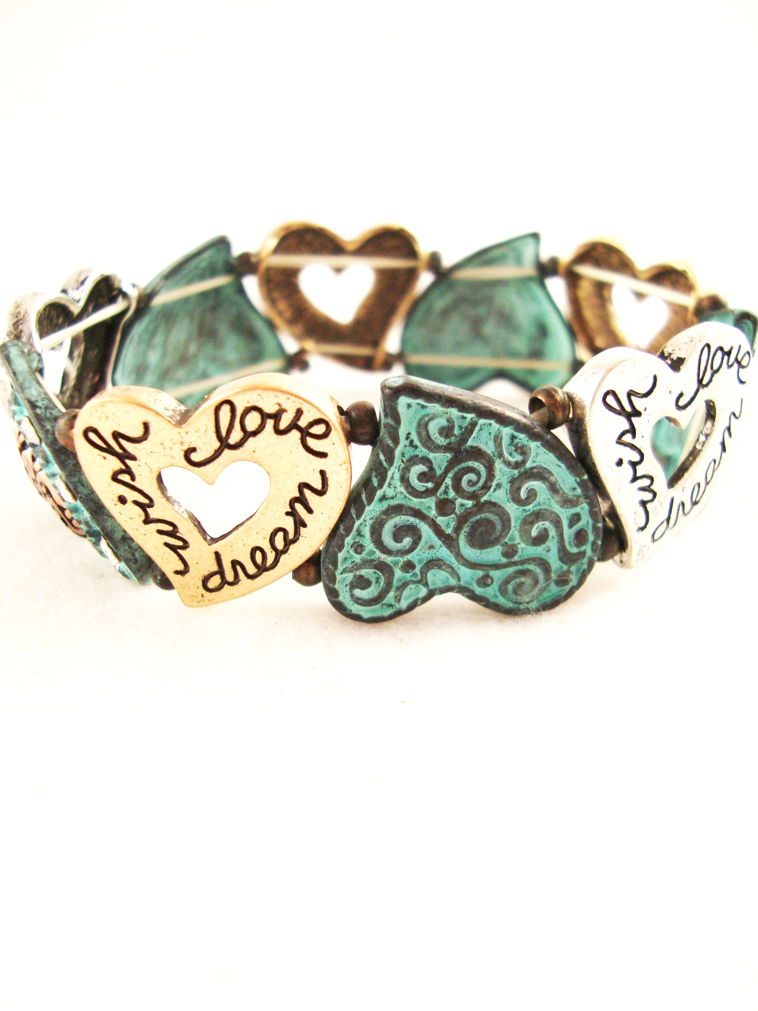 Patina Heart and Heart Metal Stretch Braclet
