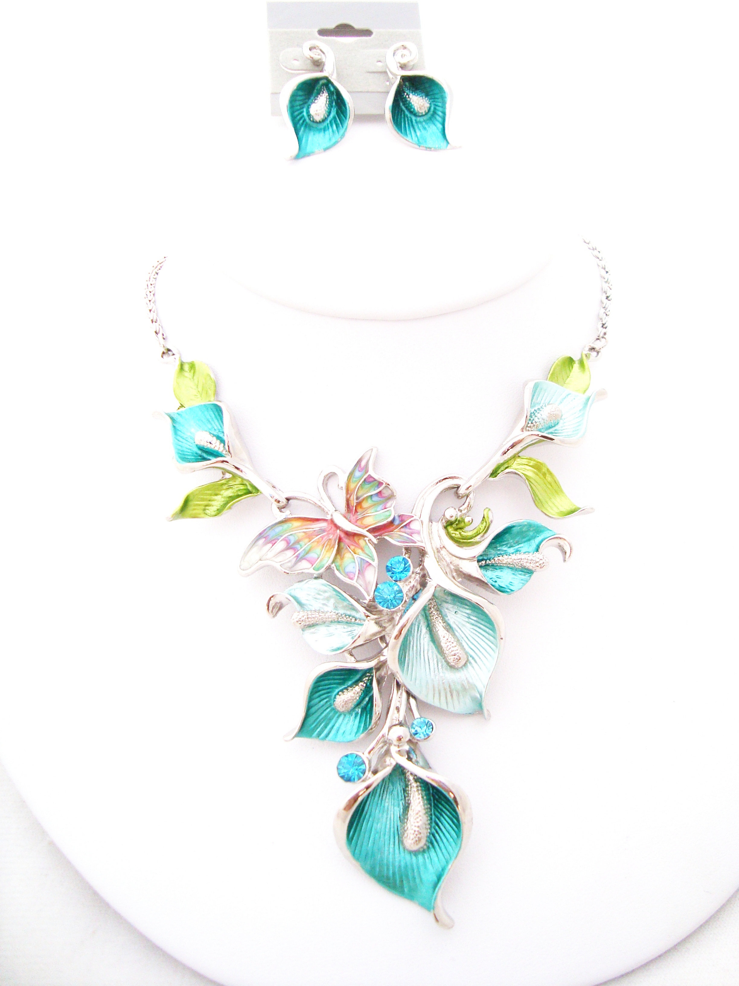 Enamel Calla Lilly with Butterfly Chain Necklace Set