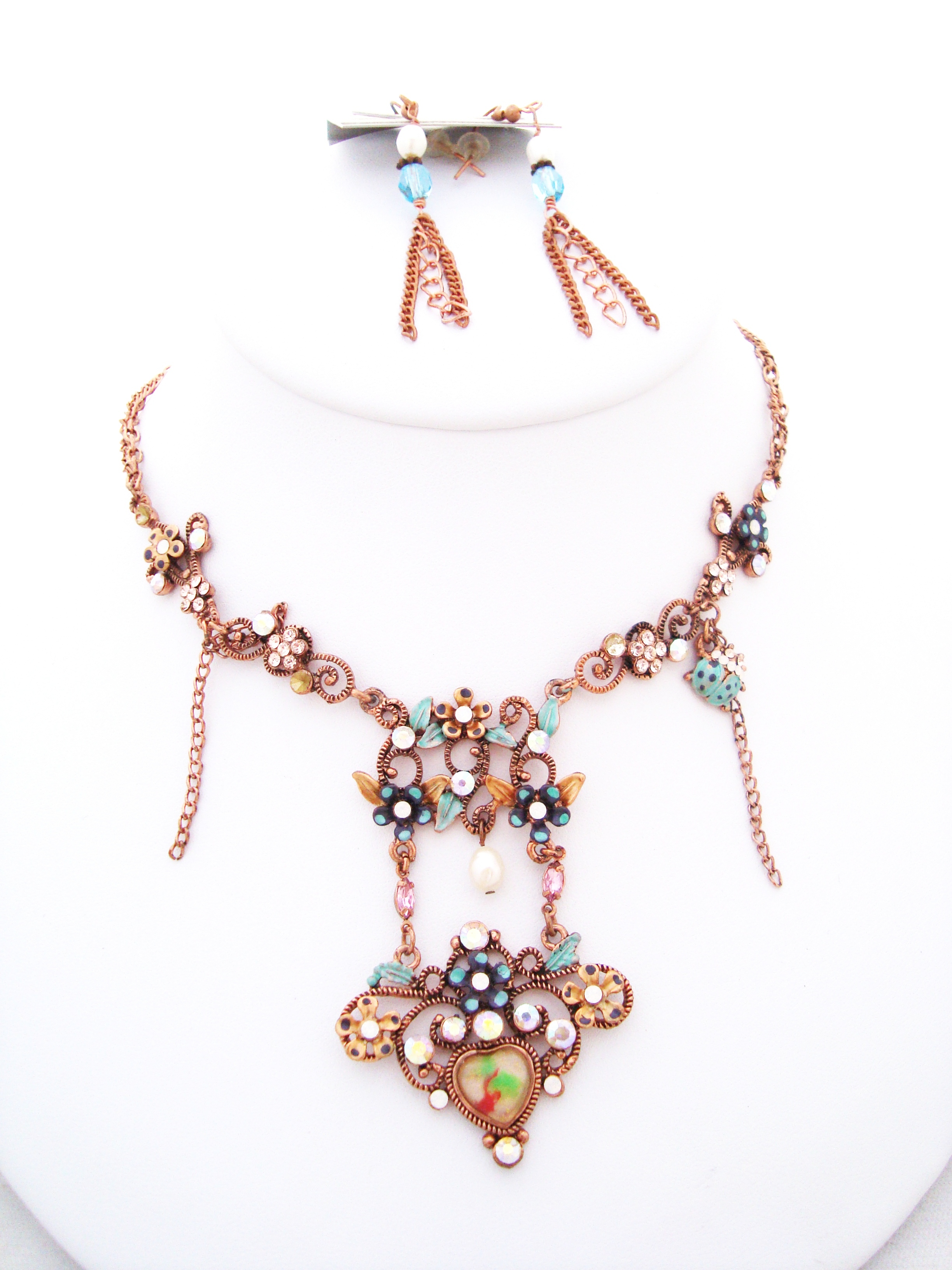 Dainty Turquoise Flower and Ladybug Necklace Set