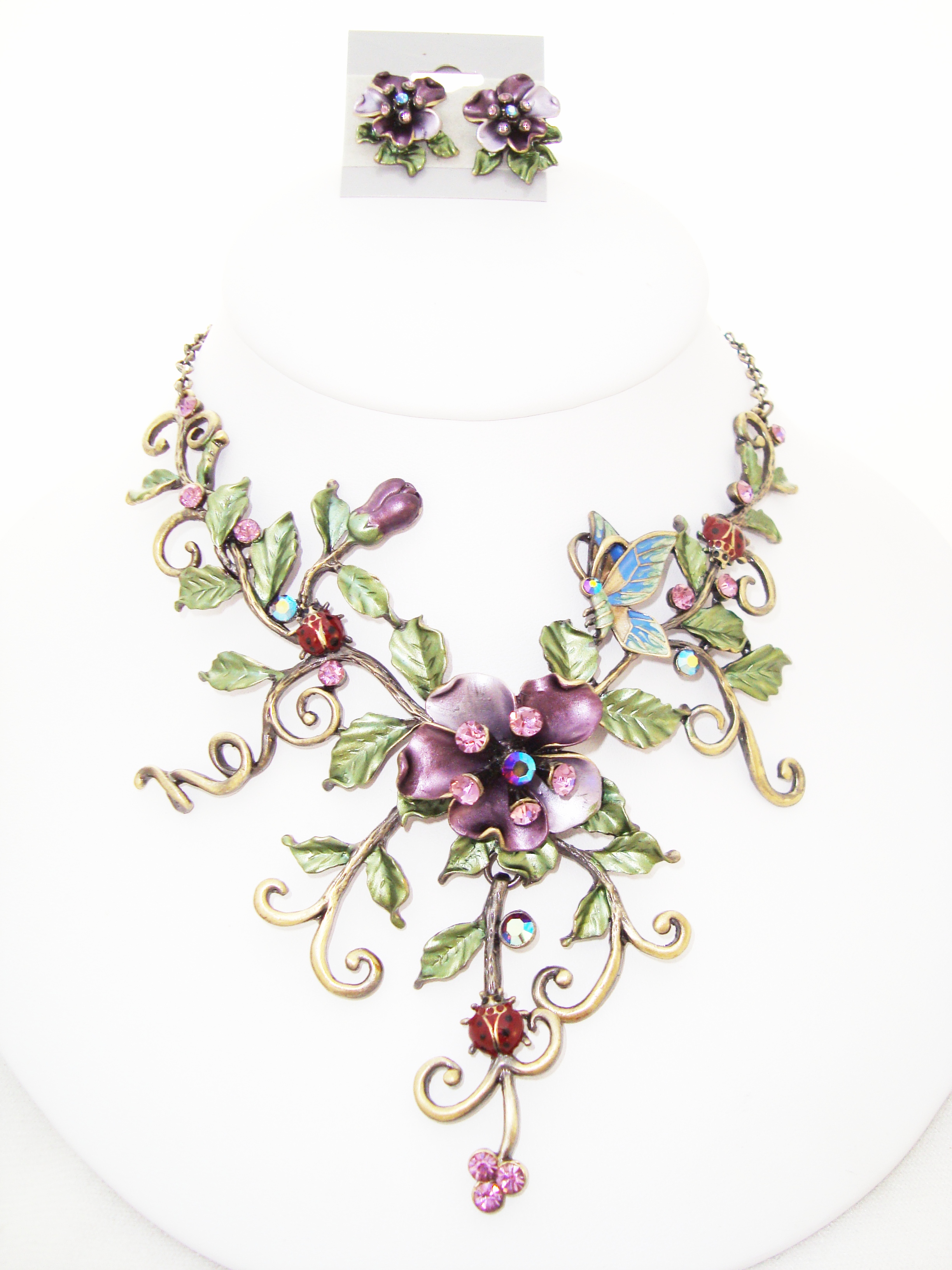 Purple Flower with Ladybug Statement Necklace Set