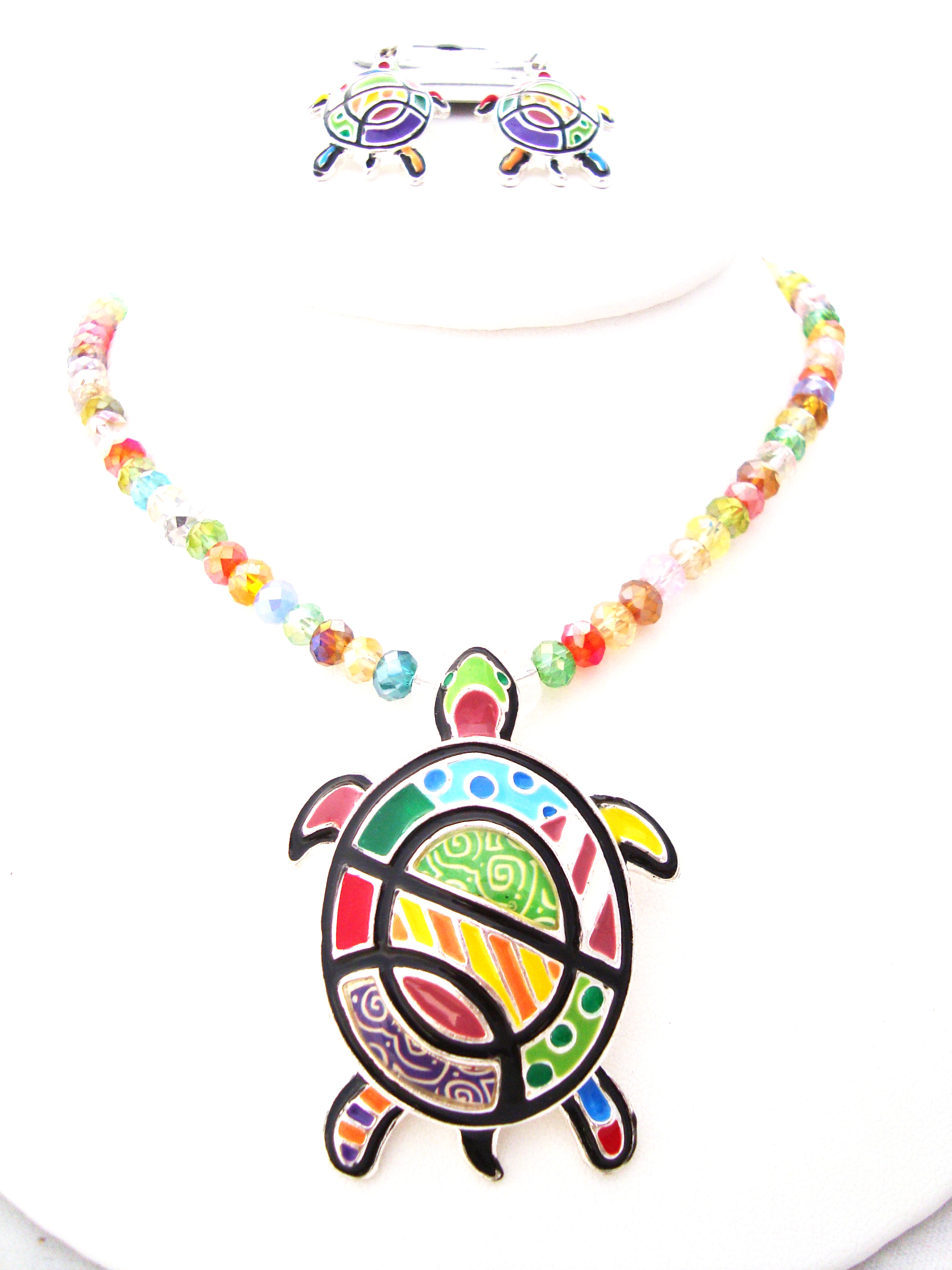 Multi Color Enamel Turtle Pendant Necklace Set