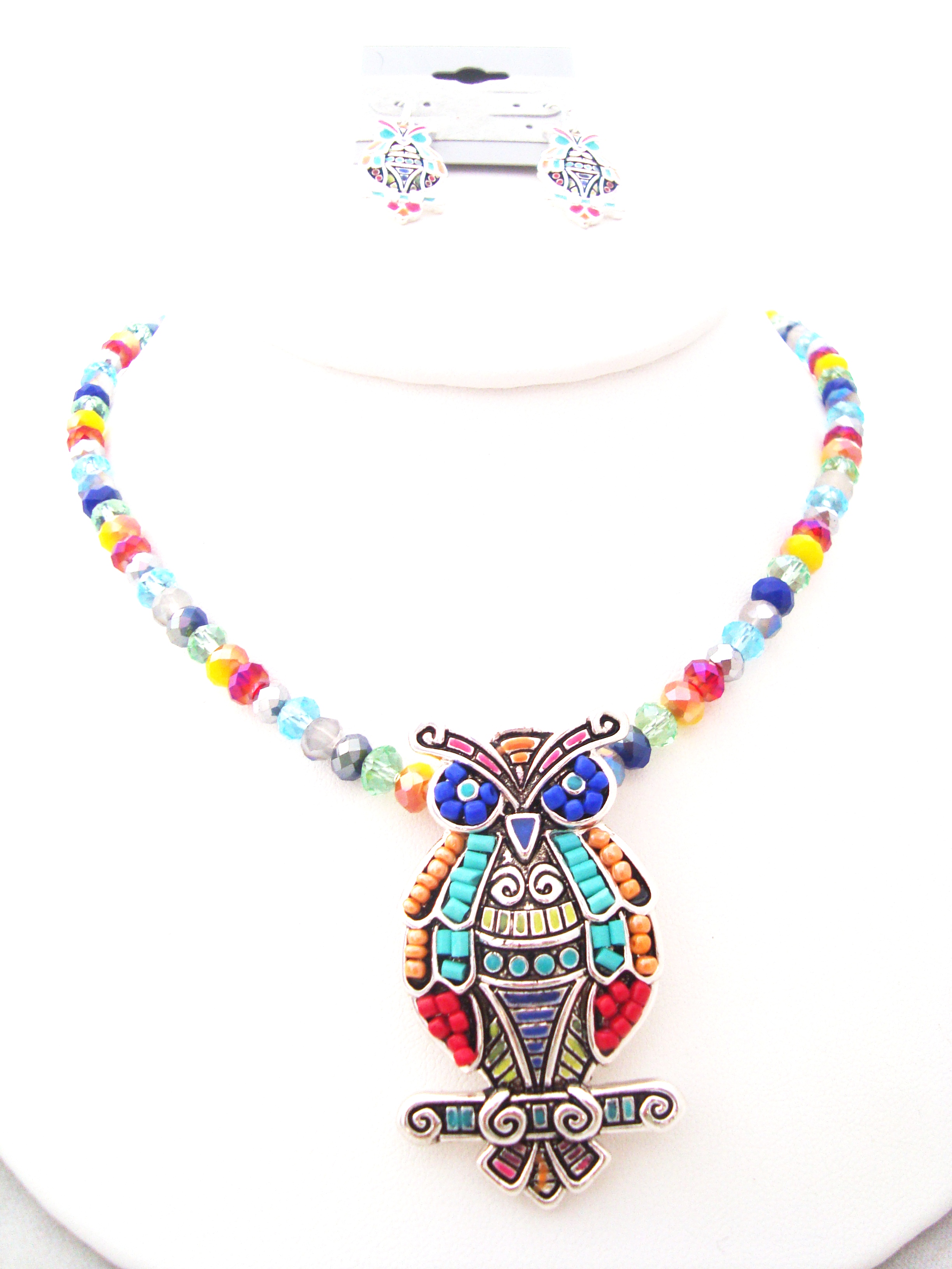 Multi Color Enamel Owl Pendant Necklace Set