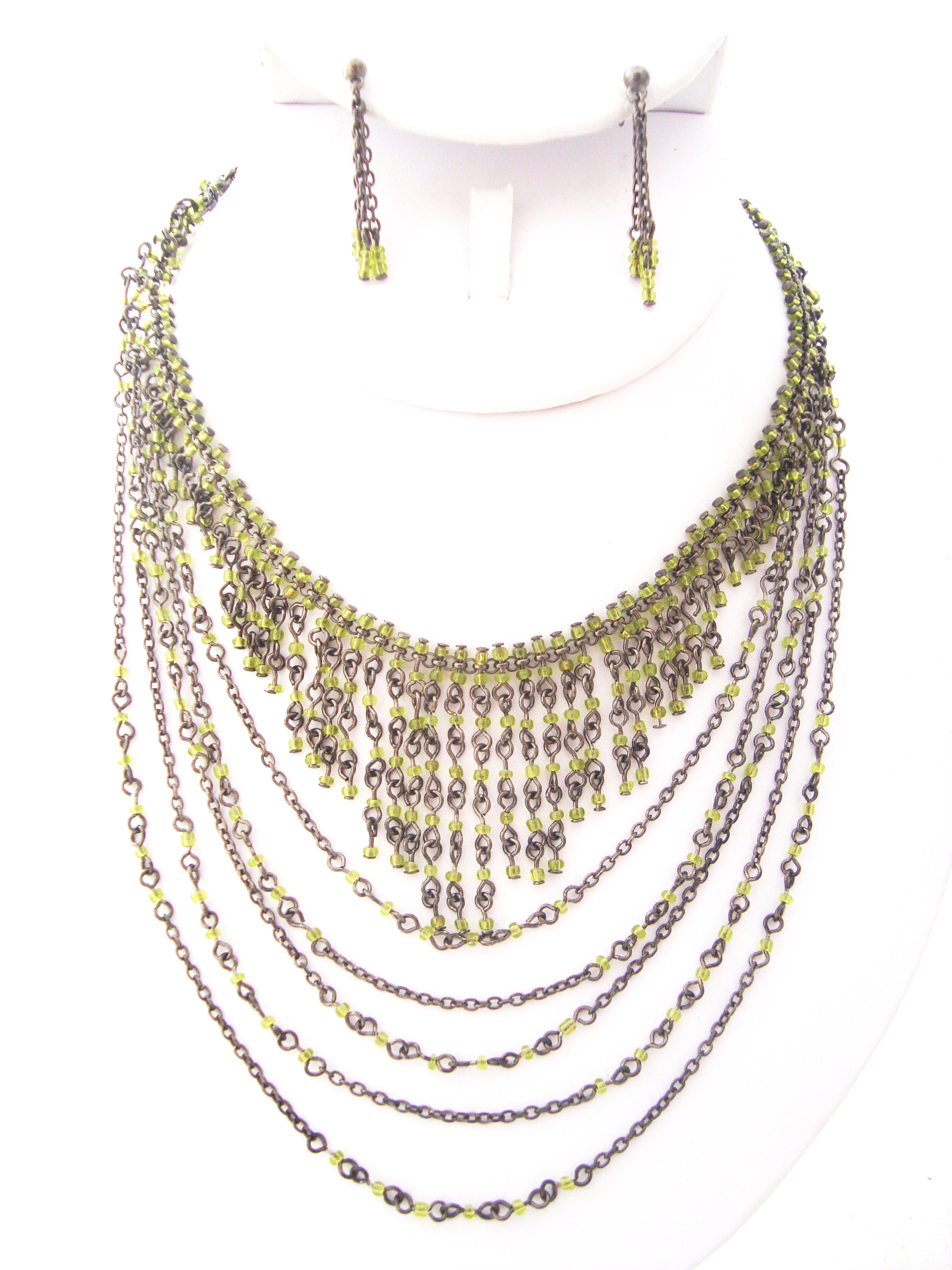 Layered Green Seed Bead Necklace Set