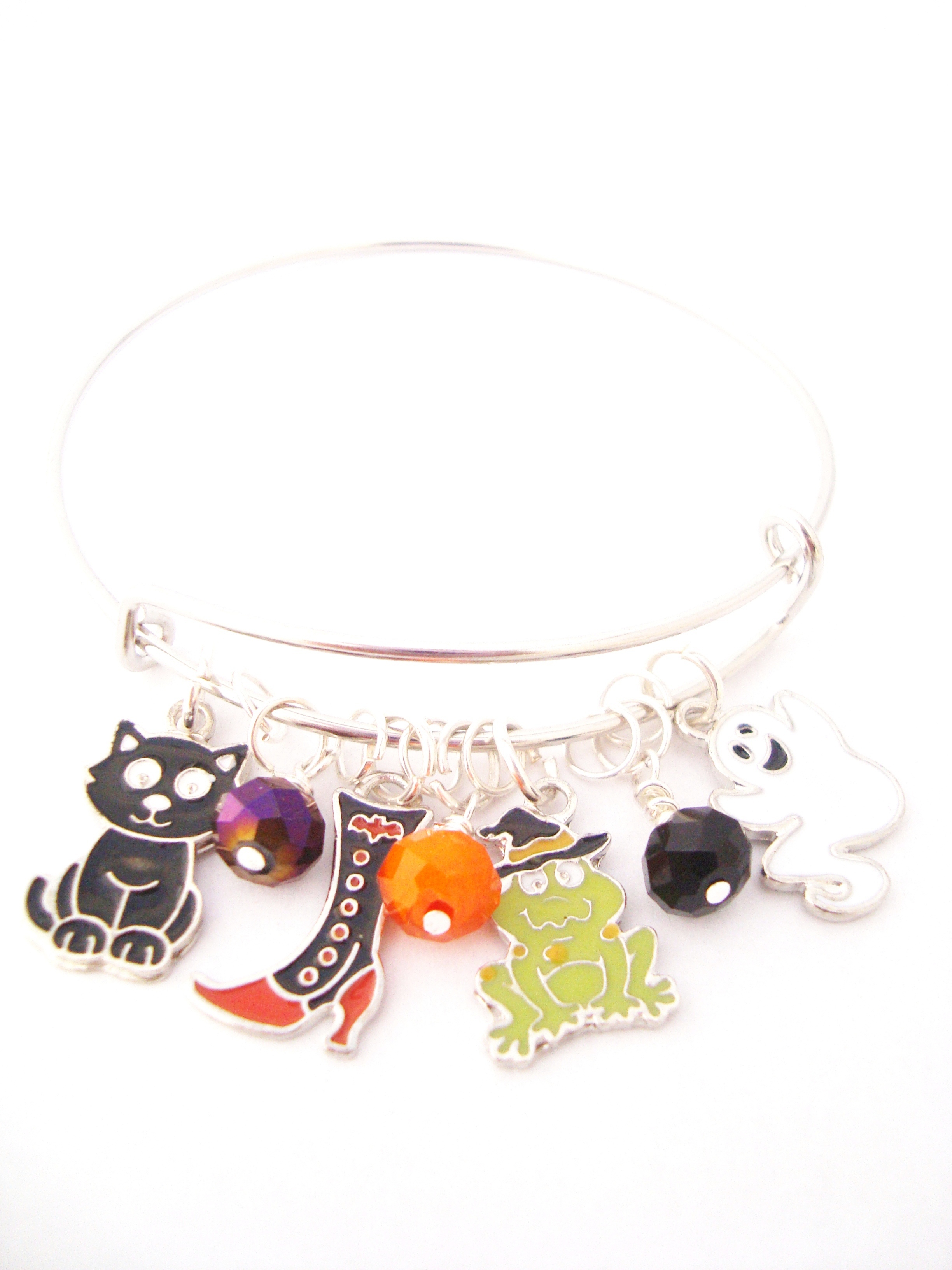 Halloween Black Cat, Toad, Witch\'s Boot and Ghost Charms Bangle