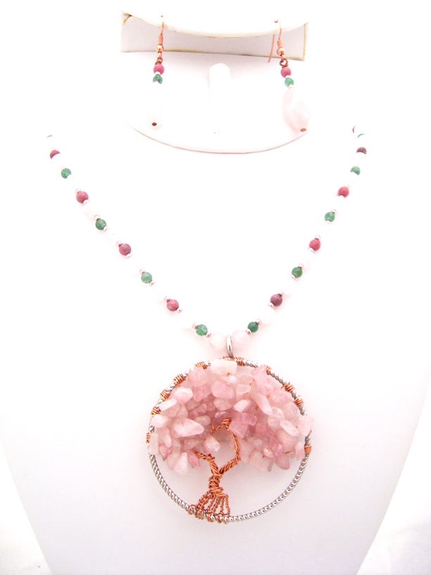 Rose Quartz Tree of Life Gem Stone Necklace Set