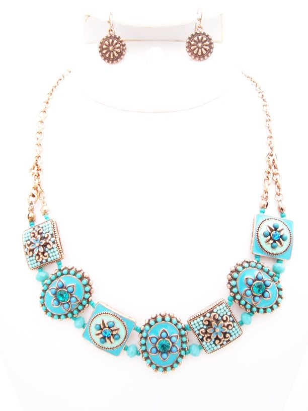 Art Deco Mosaic Enamel Turquoise Necklace Set