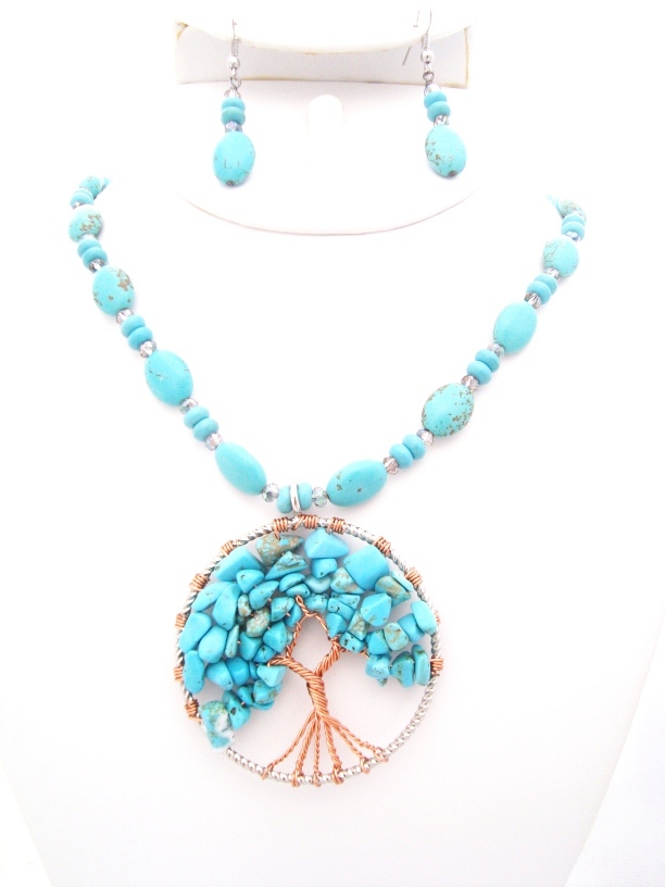 Dyed Turquoise Tree of Life Necklace Set