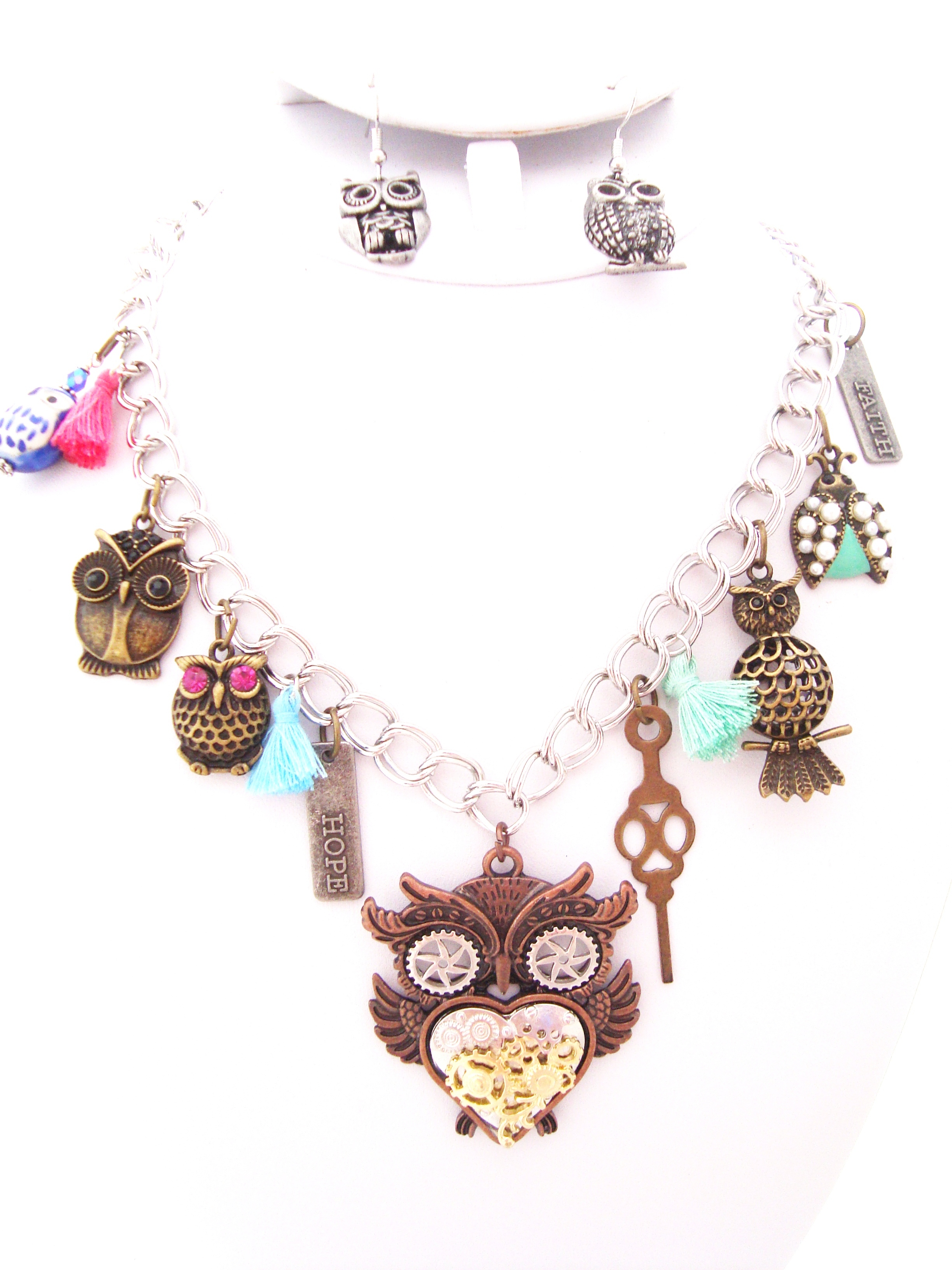 Multi Metal Vintage Owl Necklace Set