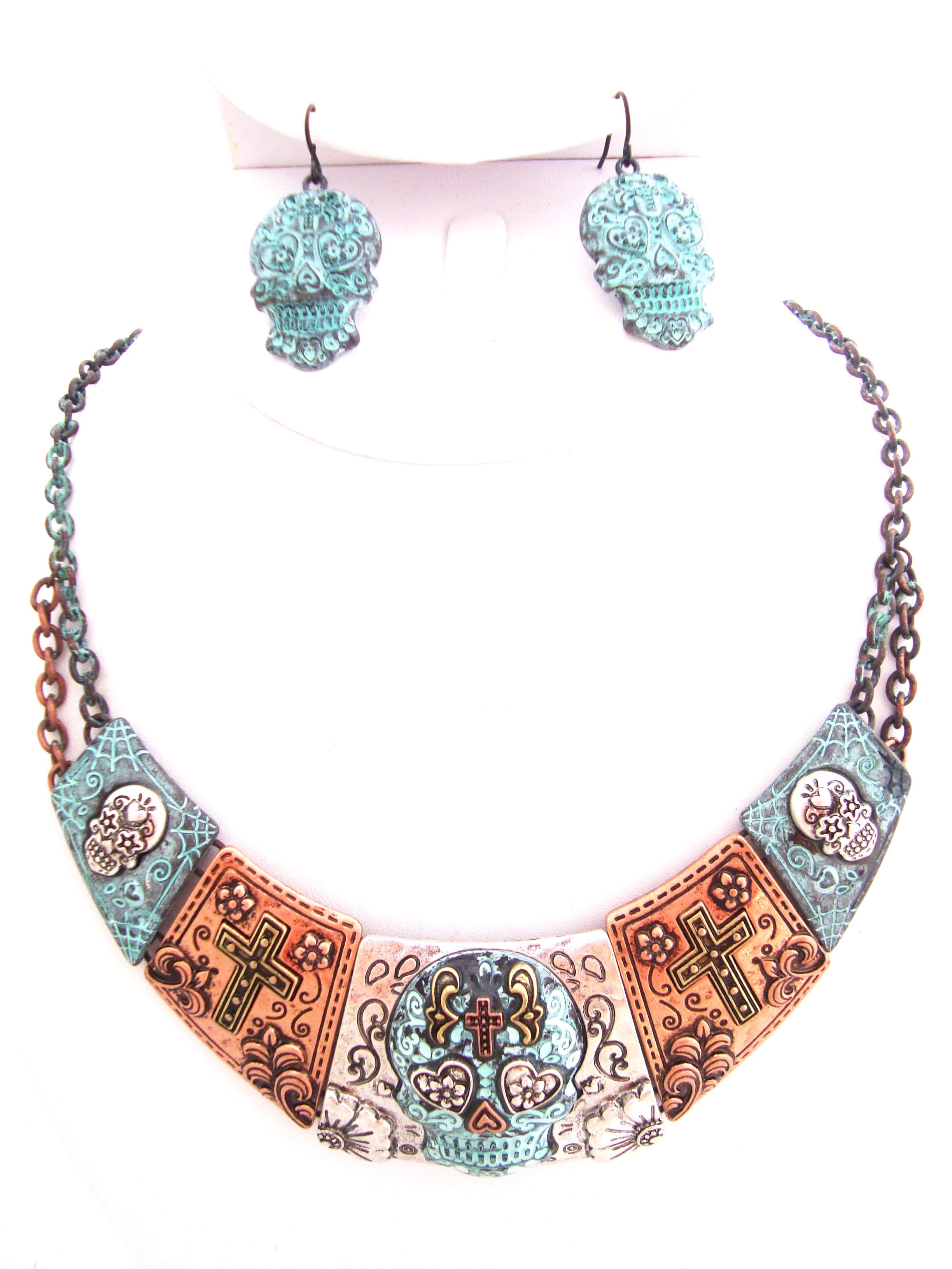 Sugar Skull Copper/Pantina Necklace Set
