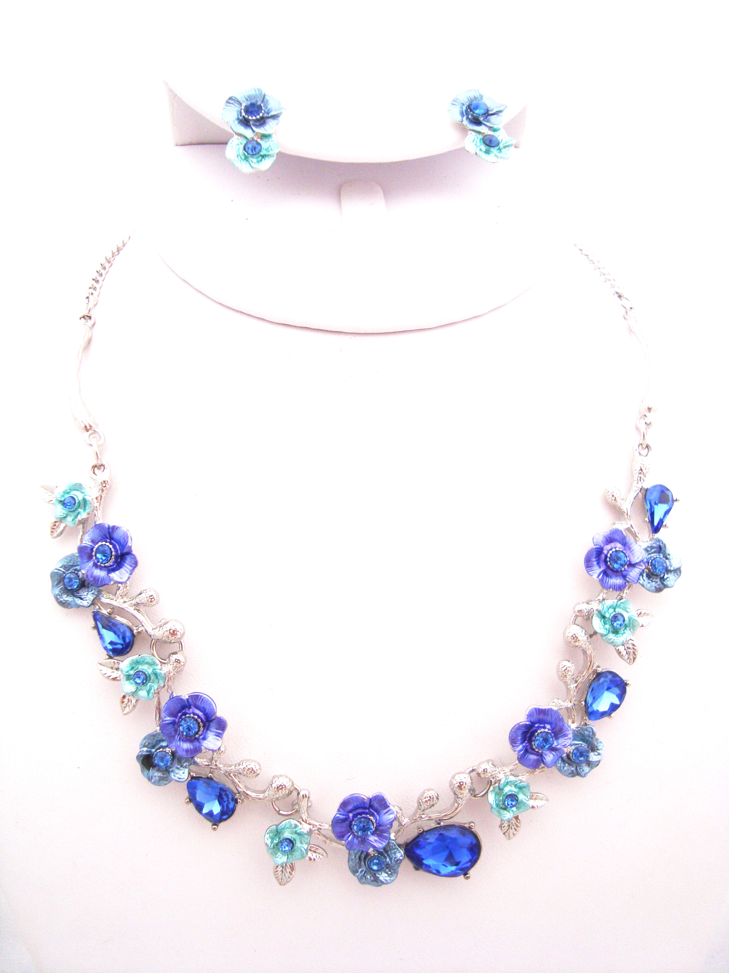 Blue Silver Flower Necklace Set
