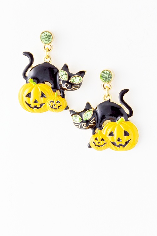 Black Cat Pumpkin Halloween Earrings