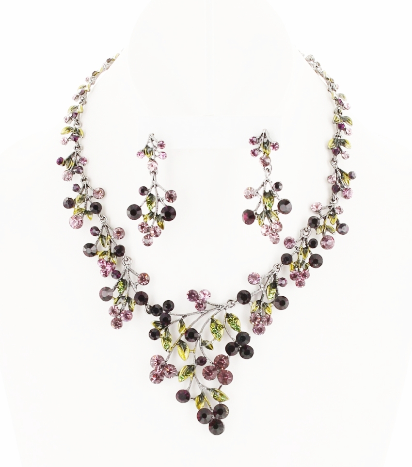 Floral Crystal Rhinestone Encrusted Cast Statement Necklace Set
