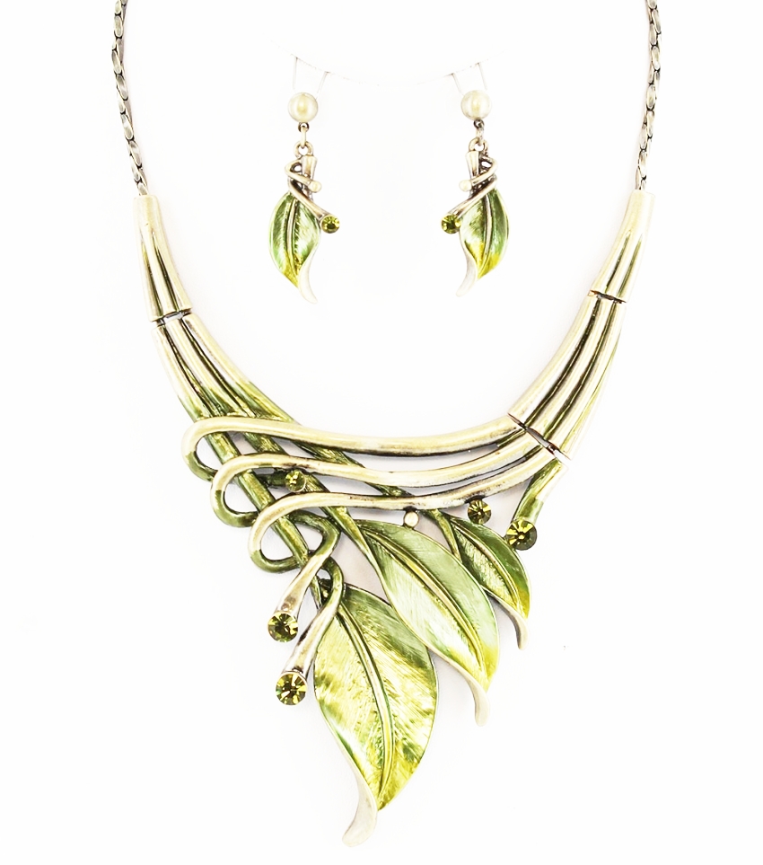 Etched Metal Leaf with Rhinestone Accent Necklace Set